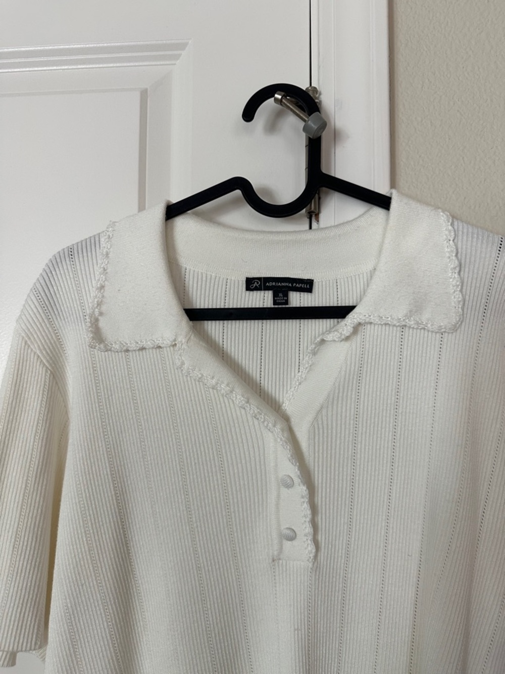 Adrianna Papell Ivory Ribbed Knit Polo with Scalloped Trim